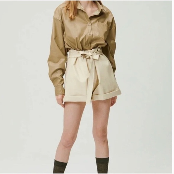 Storets Rachel Paperbag Pleather Vegan Leather Shorts in Cream - Picture 2 of 11